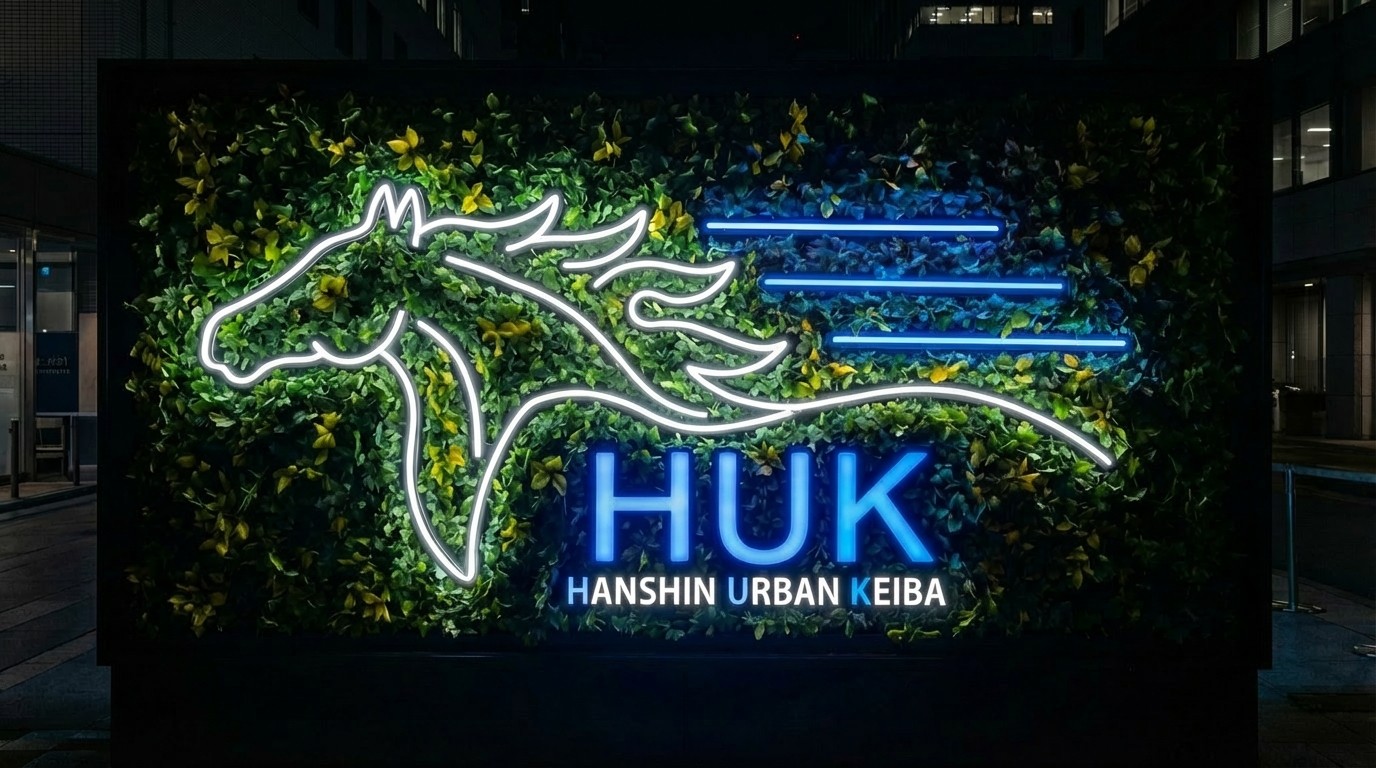 HANSHIN URBAN KEIBAの白い馬の輪郭と青い光のHUKロゴをグリーン装飾の背景に配置したイルミネーション