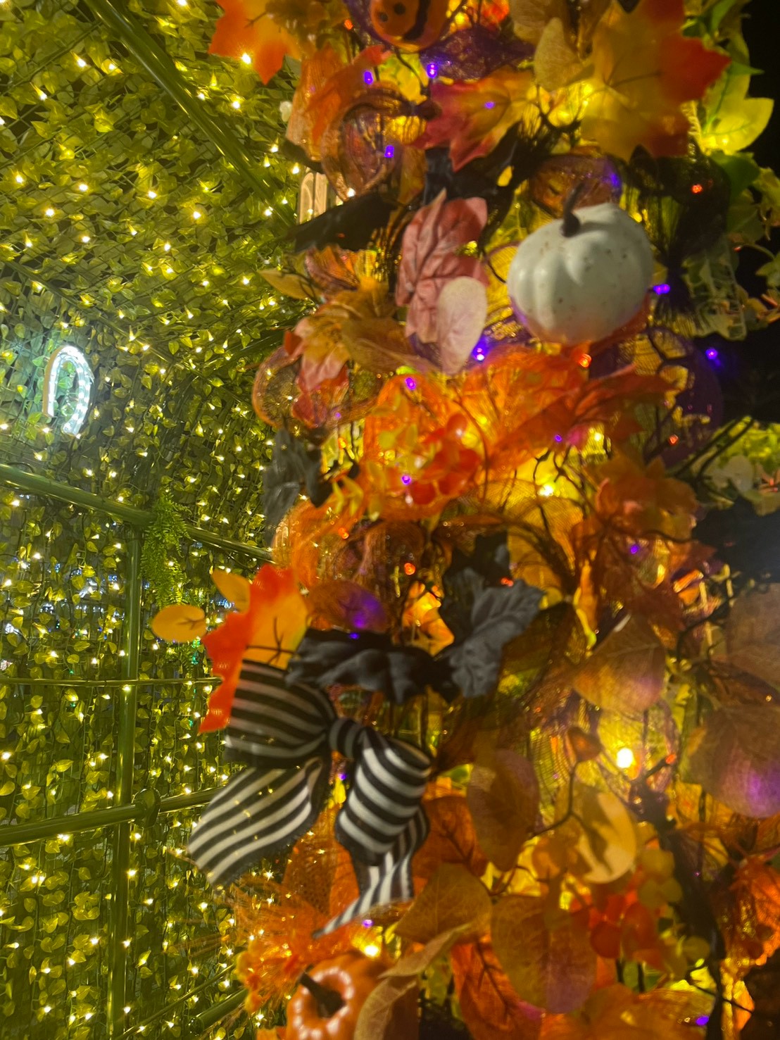 カボチャやリボンを飾ったハロウィンイルミネーションアーチ