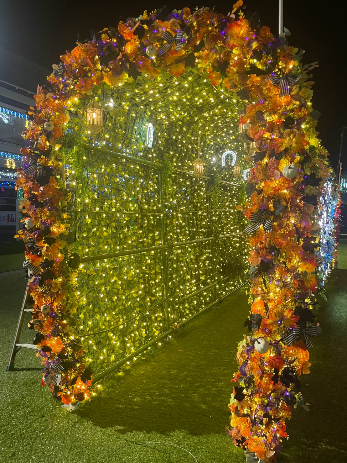 秋色の装飾とLEDで彩ったハロウィンイルミネーショントンネル